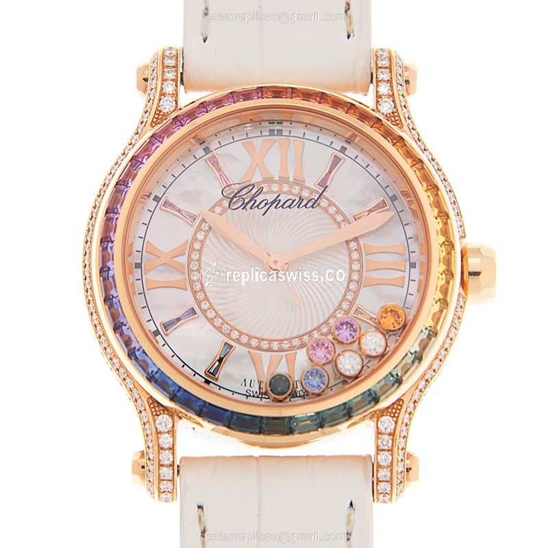 Chopard Happy Sport Replica - Automatic - 18kt Rose Gold - Sapphire - White Dial - Alligator Buckle
